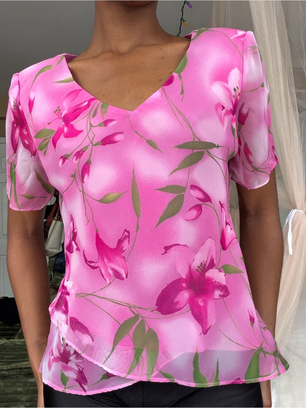 Studio I Pink Floral V-Neck Sheer Blouse